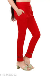 Trendy cotton blend solid pencil pant, lace panel, stretchable material, semi-formal look, ankle length, India origin
